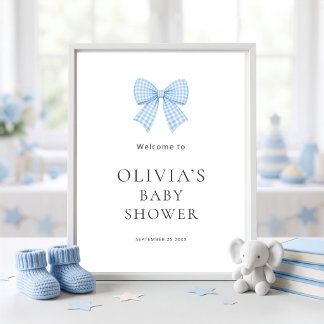 Poster Joli nœud en vichy bleu Bienvenue à la baby shower