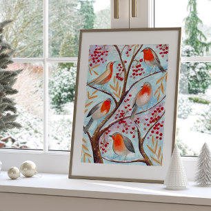 Poster Joli Oiseau Rouge Robin Bleu Noël Famille
