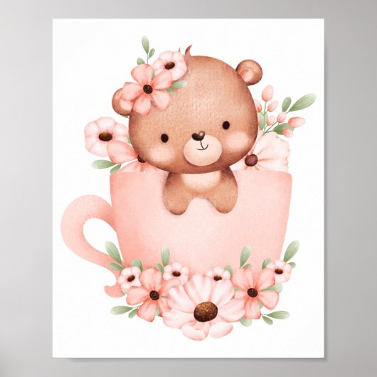Poster Joli ours en peluche rose dans une tasse avec des  (Devant)