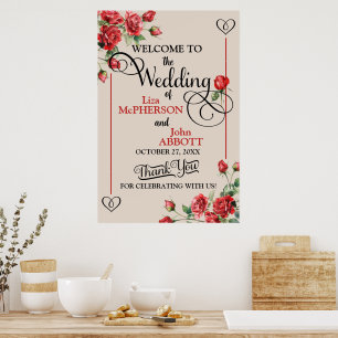 Poster Joli panneau de bienvenue de mariage aux roses rou