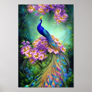 Poster Joli paon bleu et floral pourpre