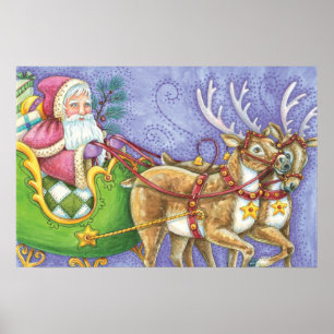 Poster Joli Père Noël de dessin animé de Noël Cerf-volant