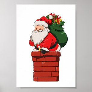 Poster Joli Père Noël entrant dans la cheminée avec un sa