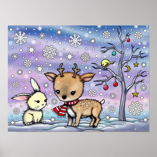 Poster Joli Petit Cerf et Lapin Art Illustré (Devant)