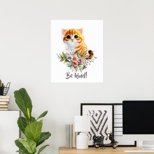 Poster Joli petit chat qui regarde en haut avec des fleur (Bureau à domicile)