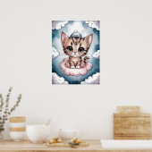 Poster Joli Petit Chat sur un Nuage - Aquarelle Adorable (Cuisine)