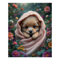 Joli, petit, chiot duveteux entouré de fleurs