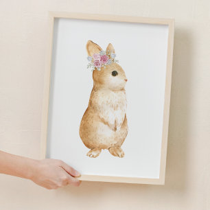 Poster Joli Petit Lapin Floral Bois Décor De Pépinière