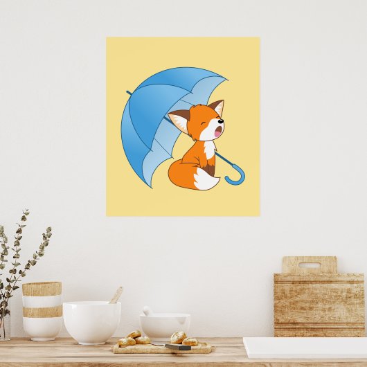 Poster Joli Petit Renard dormant sous parapluie (Cuisine)