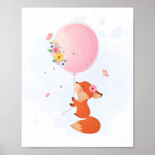 Poster Joli petit renard volant avec ballon rose
