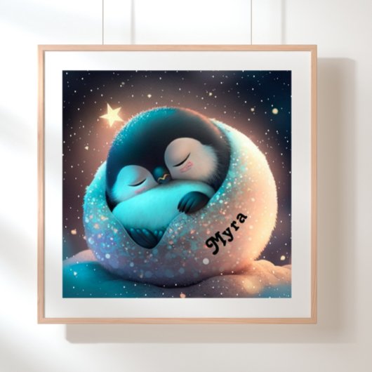 Poster Joli pingouin dormant Étoiles Lune Art Crèche