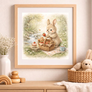 Poster Joli Pique-Nique de Lapin Mignon en Forêt Enfantin