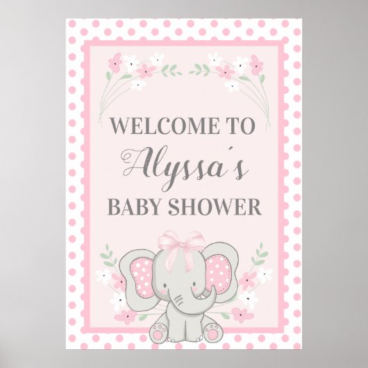 Poster Joli Pois Eléphant Rose Baby shower Fleurs (Devant)