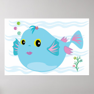 Poster Joli Poisson Tropical Bleu Nageoires Roses
