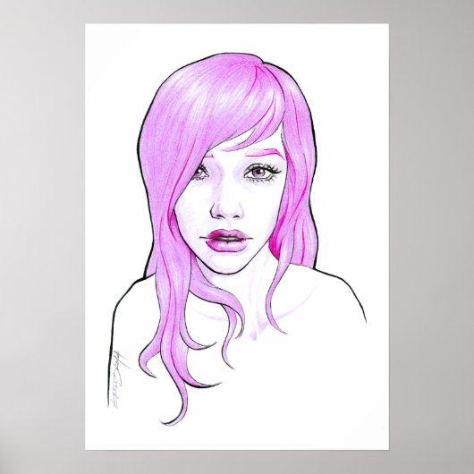 Poster Joli portrait de dessin de fille Cheveux roses Jol (Devant)