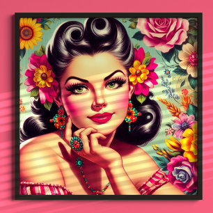 Poster Joli portrait pin-up floral rétro