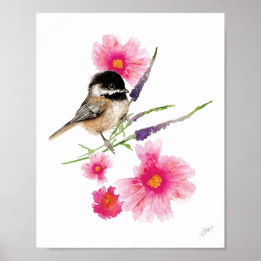 Poster Joli poulet Oiseau rose Fleurs Imprimer (Devant)