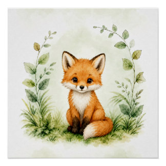 Poster Joli renard botanique aquarelle faune