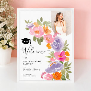 Poster Joli rose violet fleuri photo graduation bienvenue
