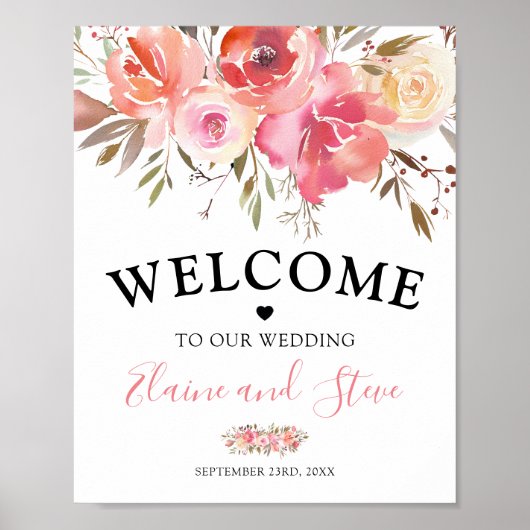 Poster Joli Saumon rose Floral Mariage de bienvenue (Devant)