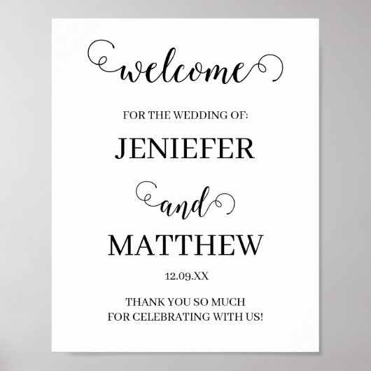 Poster Joli script de calligraphie Mariage noir et blanc (Devant)