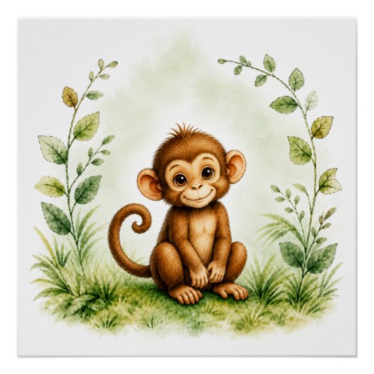 Poster Joli singe botanique aquarelle faune (Devant)
