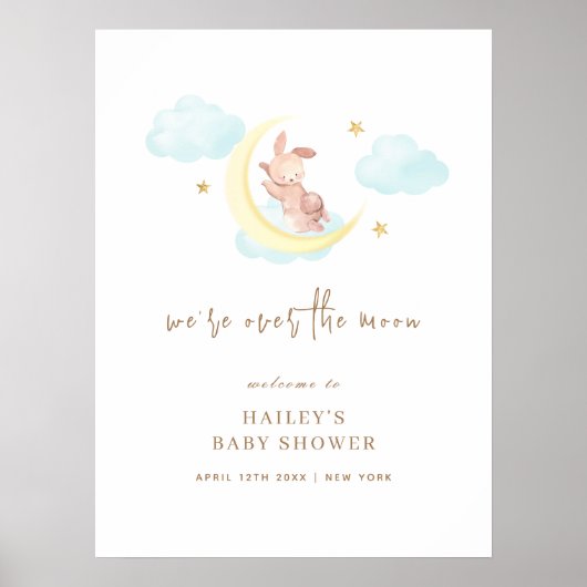 Poster Joli Sur Le Baby shower Lapin Lune Bienvenue (Devant)