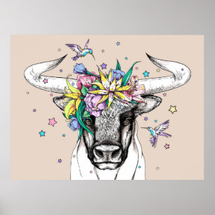 Poster Joli taureau de dessin animé dans une couronne fle