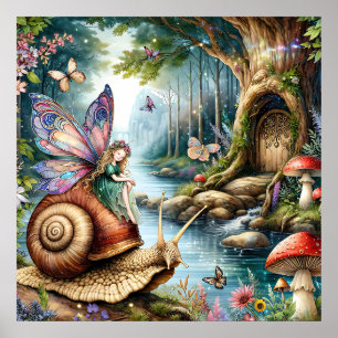 Poster Joli terrain de fée avec mignon escargots et papil
