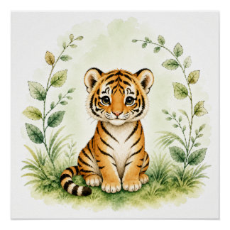 Poster Joli tigre cubique botanique aquarelle faune