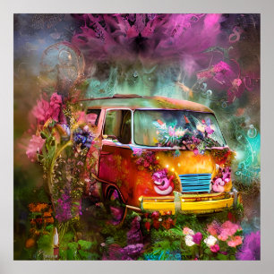 Poster Joli vieux très rouillé Combi van fleurs hippy tem