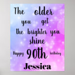 Poster Joli violet mousseux 90e anniversaire Nom<br><div class="desc">Joli Purple Sparkle personnalisé 90th Birthday Ajouter nom Poster.</div>