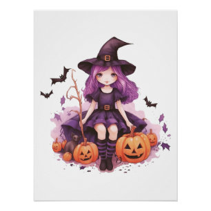 Poster Joli violet sorcière haïe Citrouilles et chauves-s