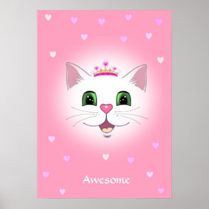 Poster Joli visage de chat royal avec des cœurs sur fond