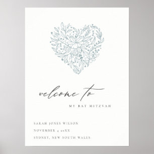 Poster Jolie Accueil Bar Mitzvah Fleur Bleu Gris Clair