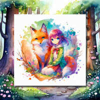 Jolie aquarelle Anime Girl et Fox