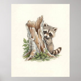 Poster Jolie aquarelle de raton laveur qui regarde discrè