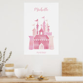 Poster Jolie aquarelle rose girly château conte de fées (Cuisine)