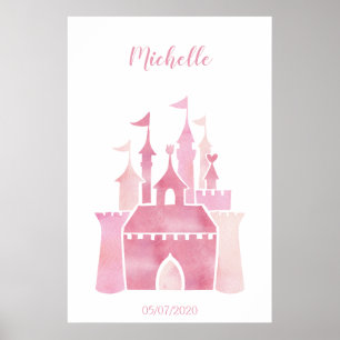Poster Jolie aquarelle rose girly château conte de fées