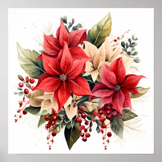 Poster Jolie Aquarelle Rouge Fleurs de Noël Poinsettia (Devant)