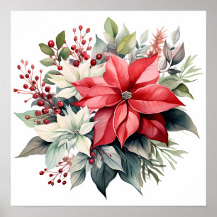 Poster Jolie Aquarelle Rouge Xmas Poinsettia Fleurs