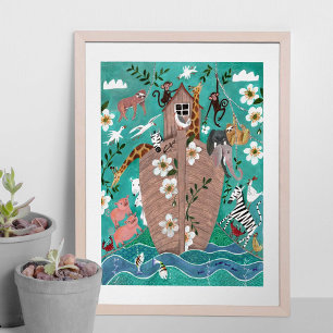 Poster Jolie arche de Noé enfants bleu turquoise pour enf
