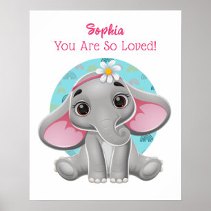 Poster Jolie art de bébé éléphant, nom de l'enfant et mes