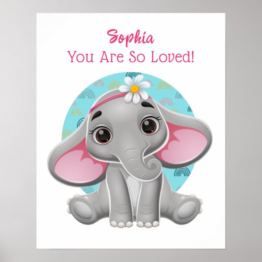 Poster Jolie art de bébé éléphant, nom de l'enfant et mes (Devant)