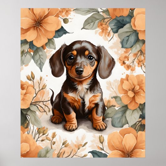 Poster Jolie Brown dachshund Puppy Peach Floral (Devant)