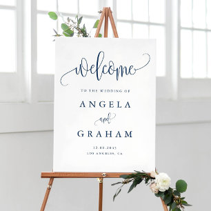 Poster Jolie calligraphie Marine Mariage bleu Bienvenue