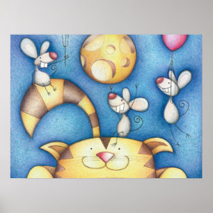 Poster Jolie chat et souris lunaires fantaisistes