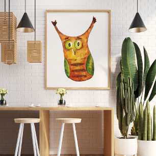Poster Jolie chouette aquarelle vert orange