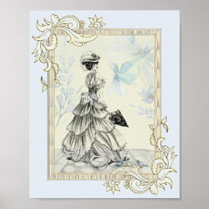Poster Jolie Dame Vintage Et Fleurs Bleues