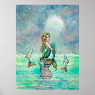 Poster Jolie Douce Sirène et Poisson Fantaisie Artistique